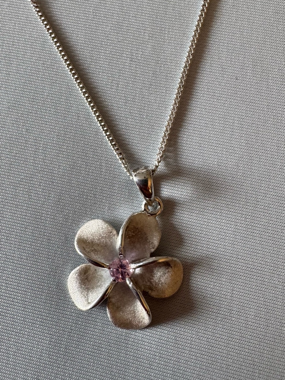 Sterling Silver 925 Plumeria Flower w/Pink CZ Necklace